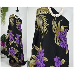 Black Purple Gold Hibiscus Palm Tropical MAXI SARONG Kīkepa Pareo Beach Wrap